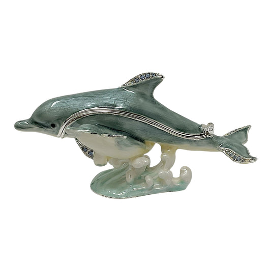 Dolphin with Baby Bejeweled Enamel Jewelry Trinket Keepsake Box Container 4 x 2.1 inch