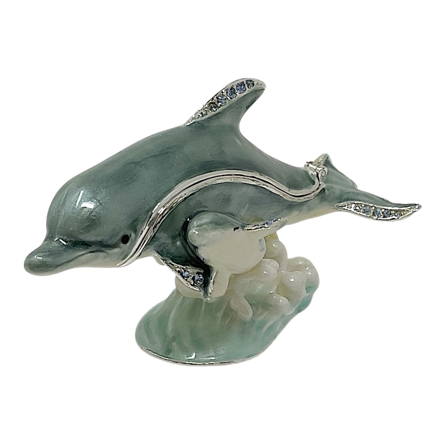 Dolphin with Baby Bejeweled Enamel Jewelry Trinket Keepsake Box Container 4 x 2.1 inch