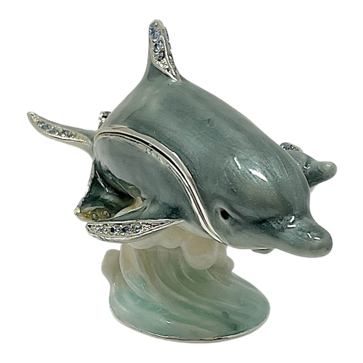 Dolphin with Baby Bejeweled Enamel Jewelry Trinket Keepsake Box Container 4 x 2.1 inch