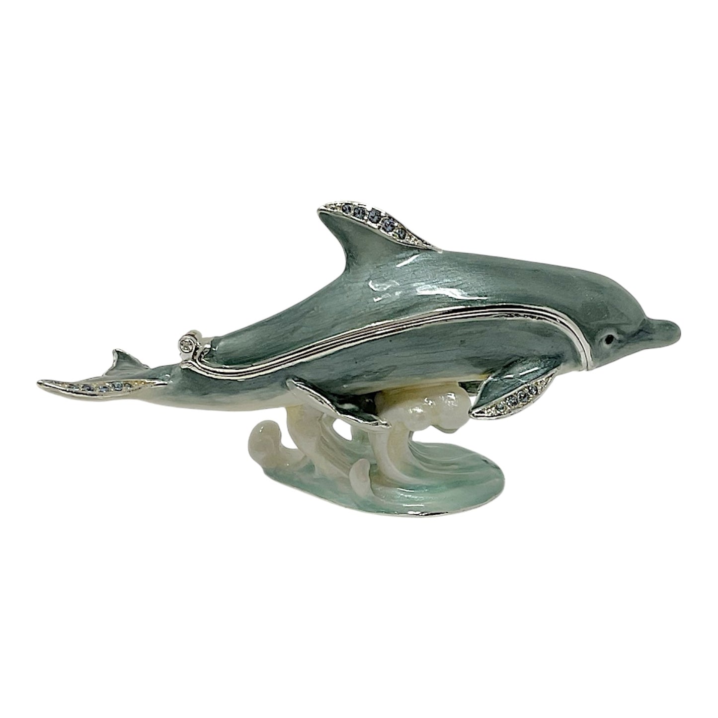 Dolphin with Baby Bejeweled Enamel Jewelry Trinket Keepsake Box Container 4 x 2.1 inch
