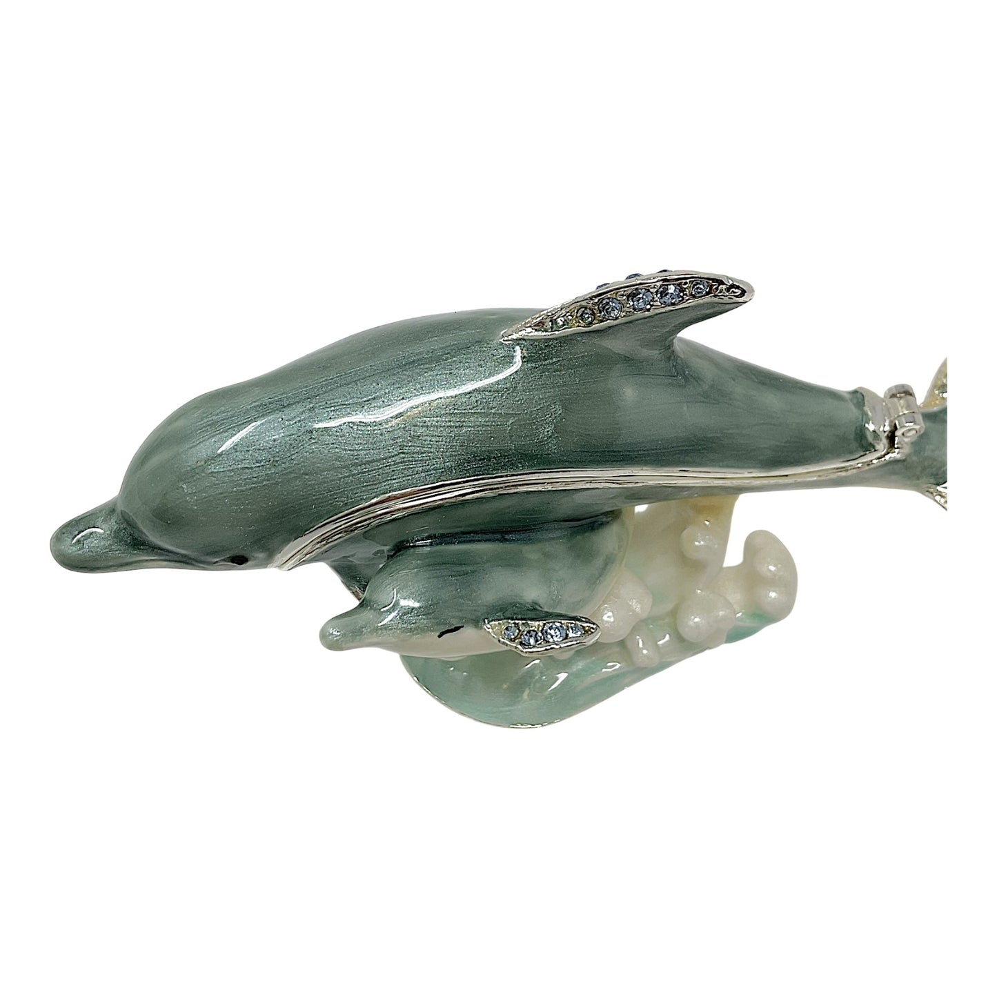 Dolphin with Baby Bejeweled Enamel Jewelry Trinket Keepsake Box Container 4 x 2.1 inch