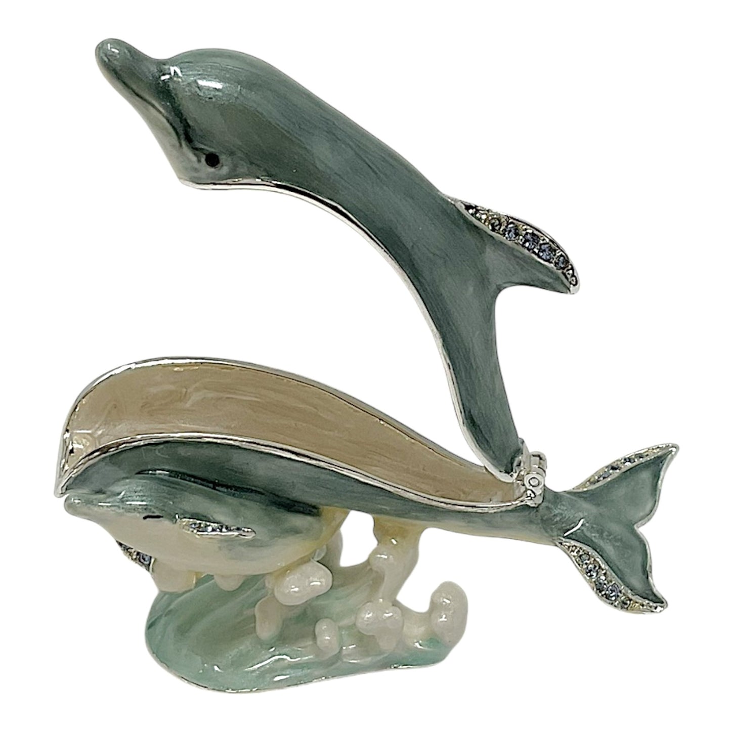 Dolphin with Baby Bejeweled Enamel Jewelry Trinket Keepsake Box Container 4 x 2.1 inch