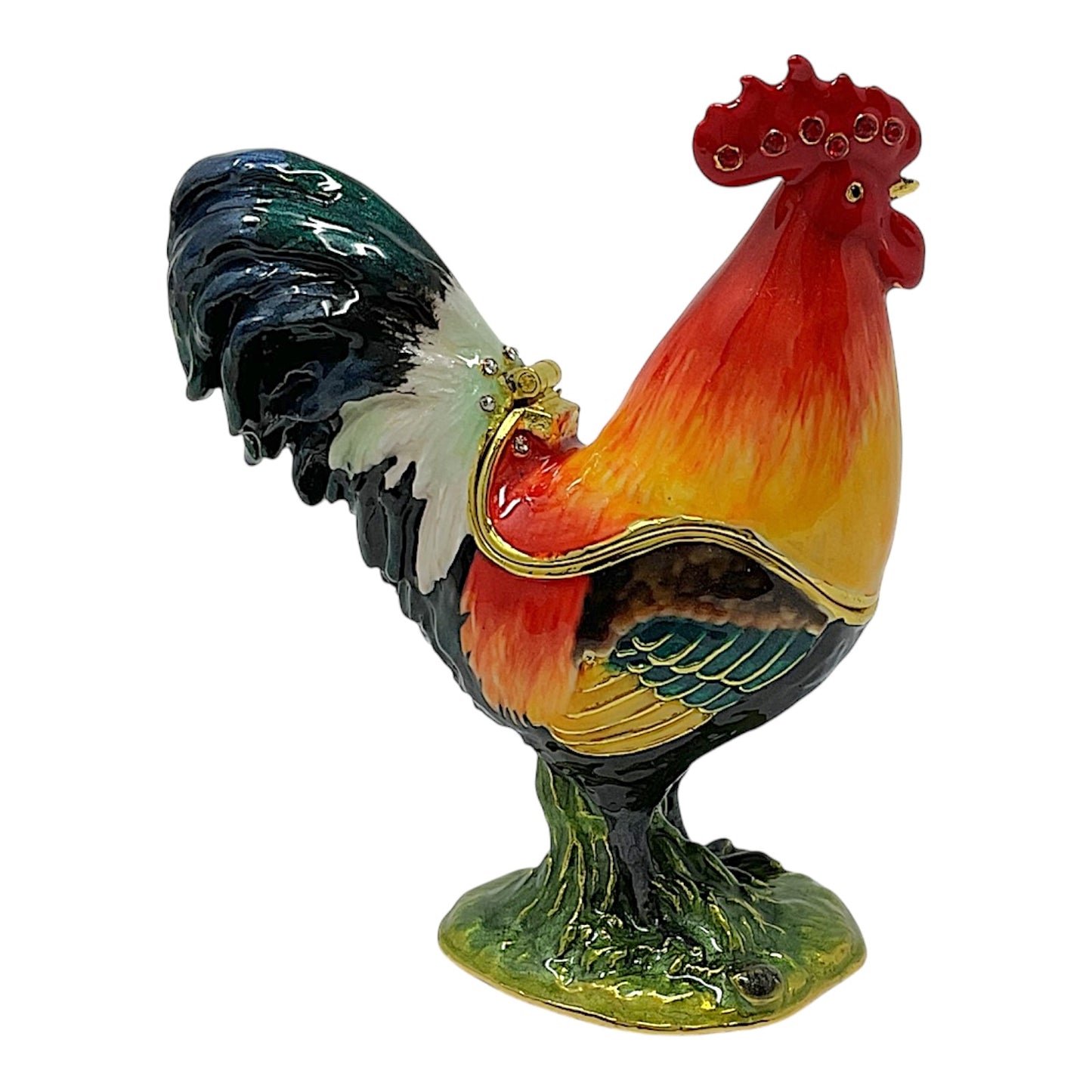 Rooster Bird with Crystals Enameled Farm Animal Jewelry Trinket Keepsake Box 3 x 3.25 inch