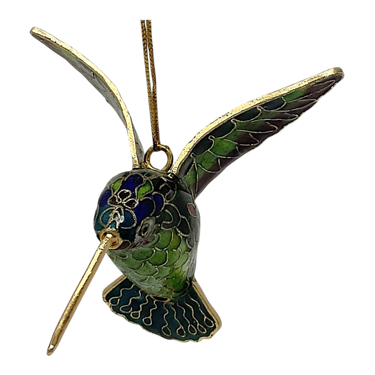 Green and Blue Hummingbird Cloisonne Metal Christmas Tree Ornament 3 x 3.25 inch