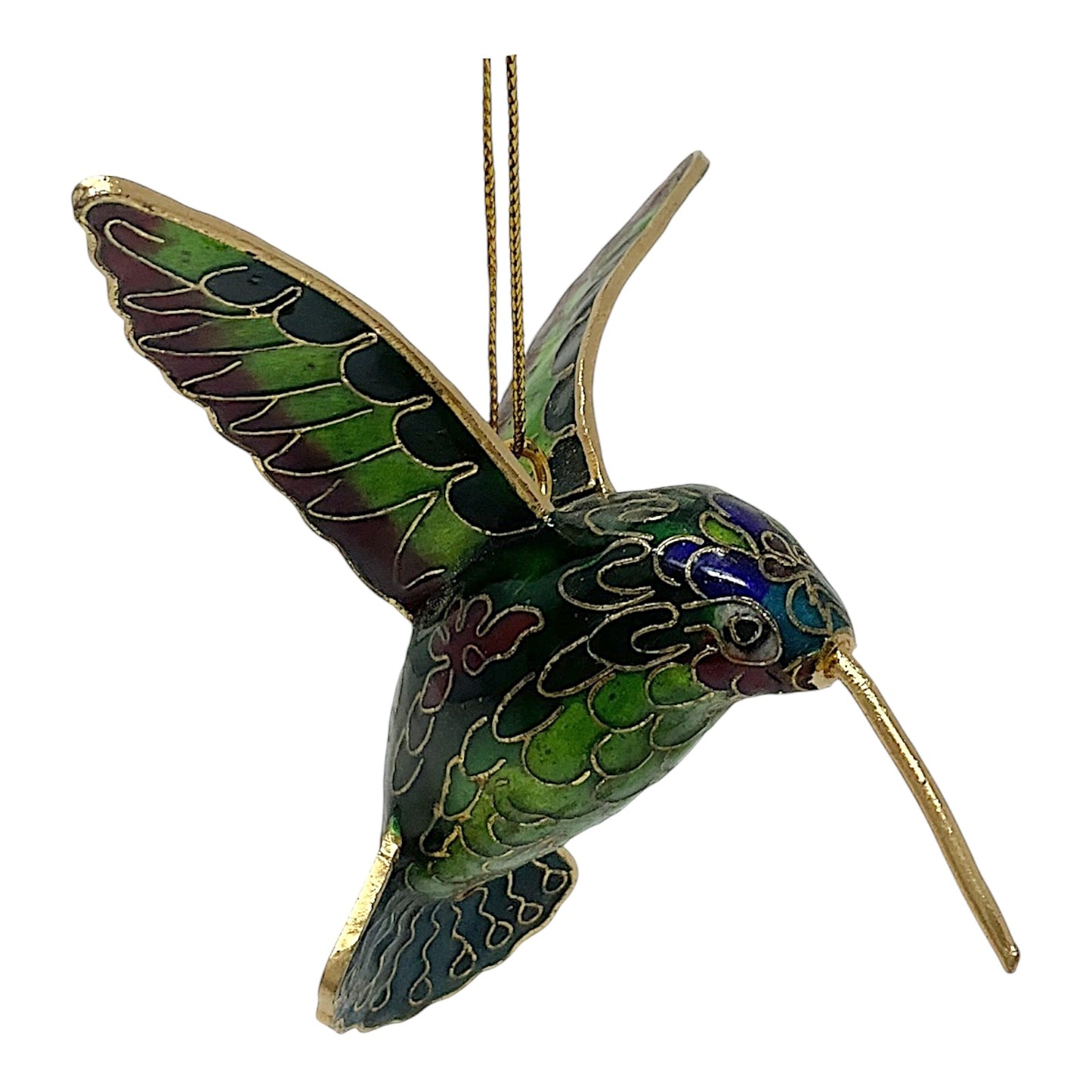 Green and Blue Hummingbird Cloisonne Metal Christmas Tree Ornament 3 x 3.25 inch