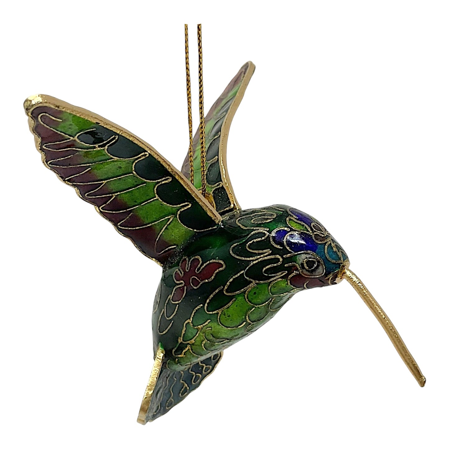 Green and Blue Hummingbird Cloisonne Metal Christmas Tree Ornament 3 x 3.25 inch