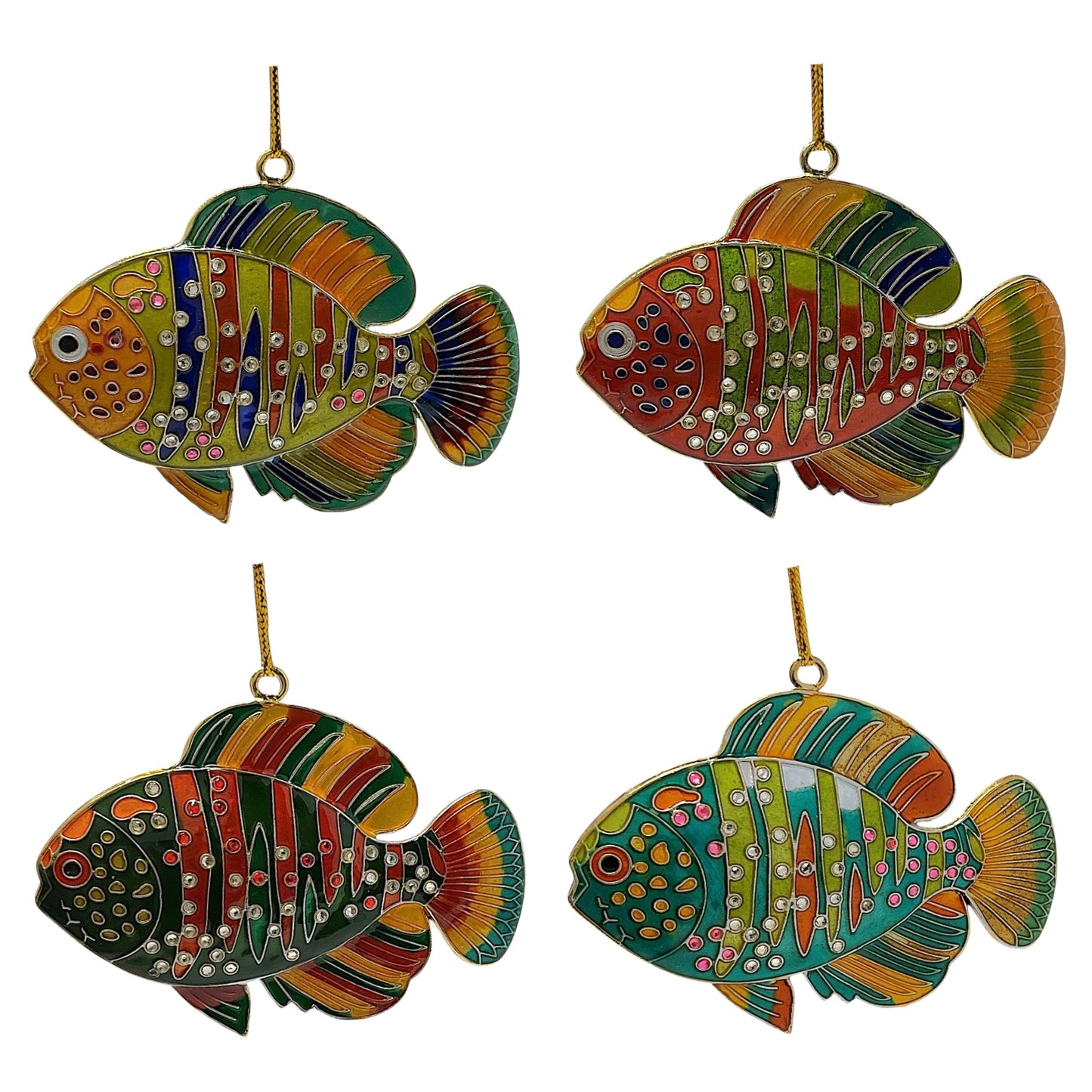 Colorful Siamese Fighting Fish Betta Cloisonne Metal Christmas Tree Ornaments 4 Piece Set 3.1 x 2.25 inch