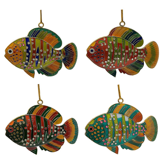 Colorful Siamese Fighting Fish Betta Cloisonne Metal Christmas Tree Ornaments 4 Piece Set 3.1 x 2.25 inch