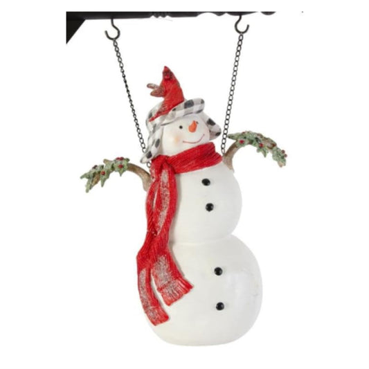 K&K Interiors White Glittered Resin Snowman with Cardinals Arrow Replacement 14 inch - Arrow Sold Separately