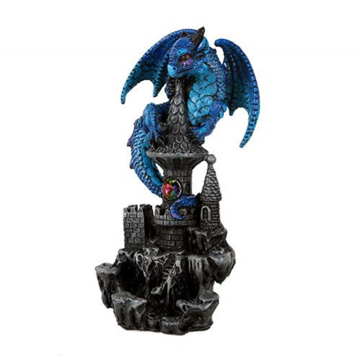 Blue Small Guardian Dragon Protecting Castle with Rhinestone Rock Crystal Figurine 5.5 inch