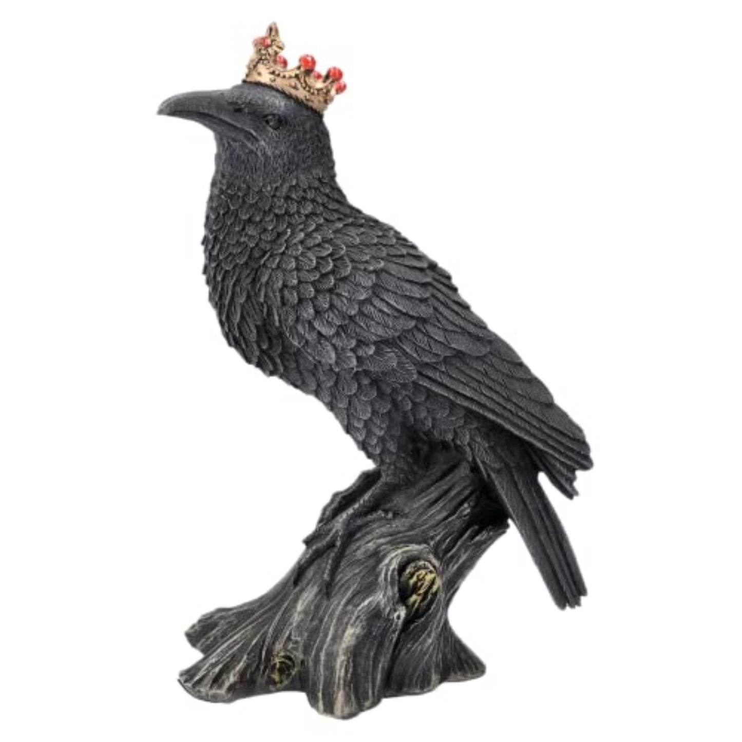 Gothic Raven King Figurine with Gold Crown Polyresin Black Birdon Tree Stump 6.5 Tall Halloween Home Decor