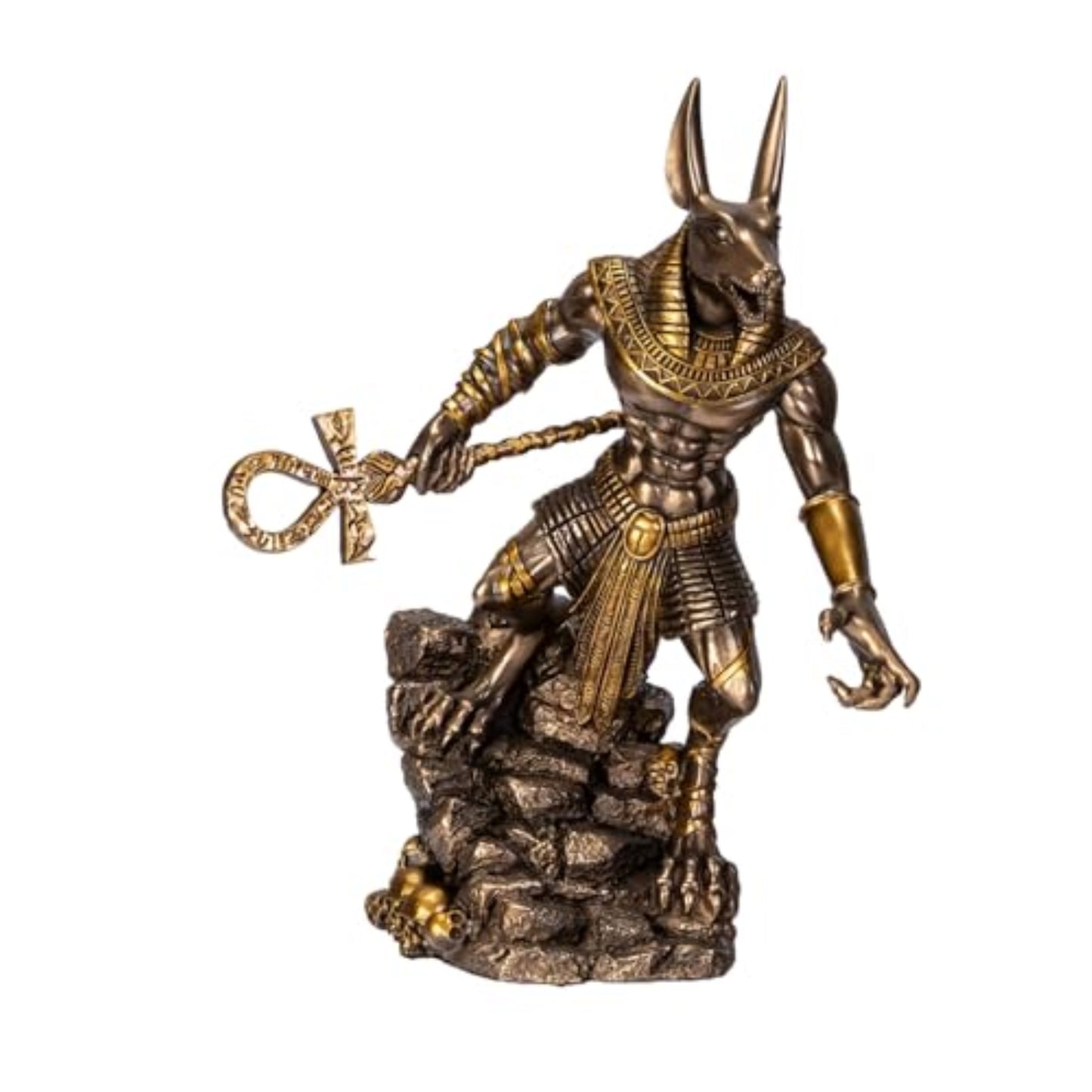 Anubis on Rock Statue Bronze Finish Ancient Egyptian Decor Resin Figurine with Ankh Staff 9.5 inch