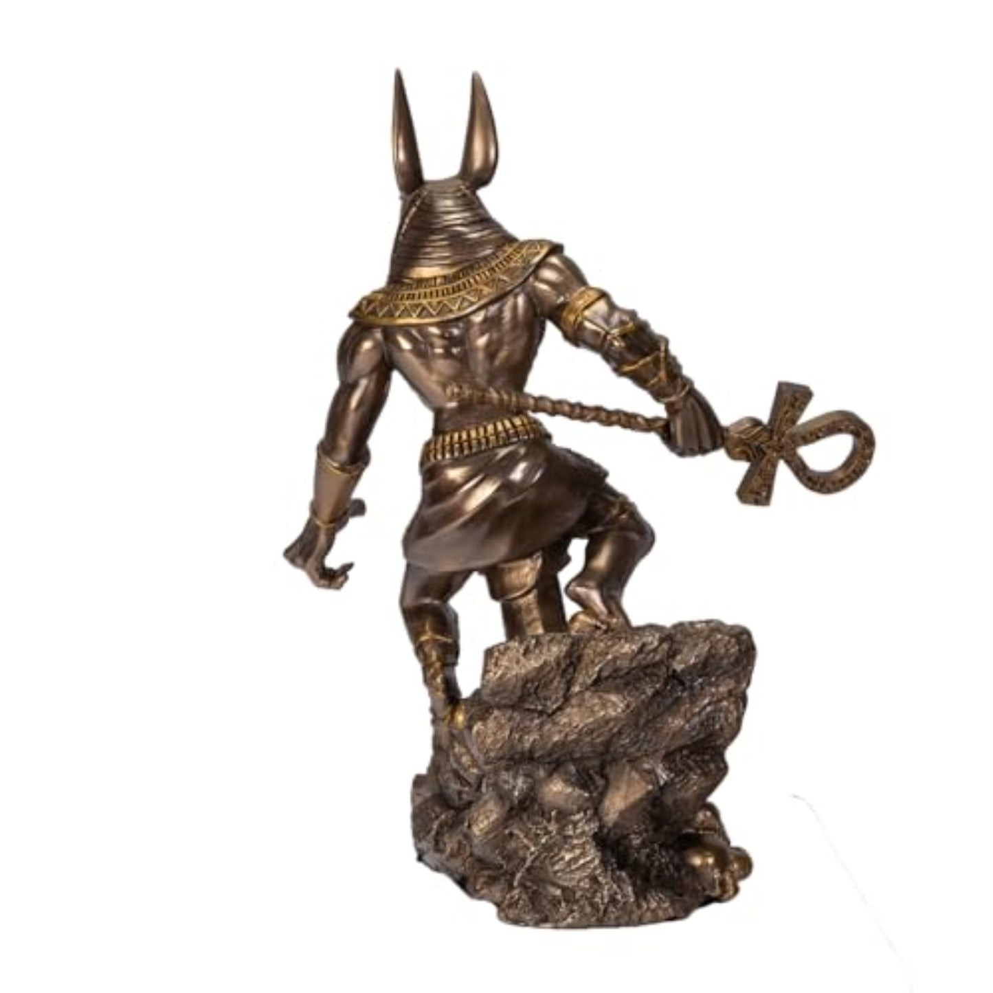 Anubis on Rock Statue Bronze Finish Ancient Egyptian Decor Resin Figurine with Ankh Staff 9.5 inch