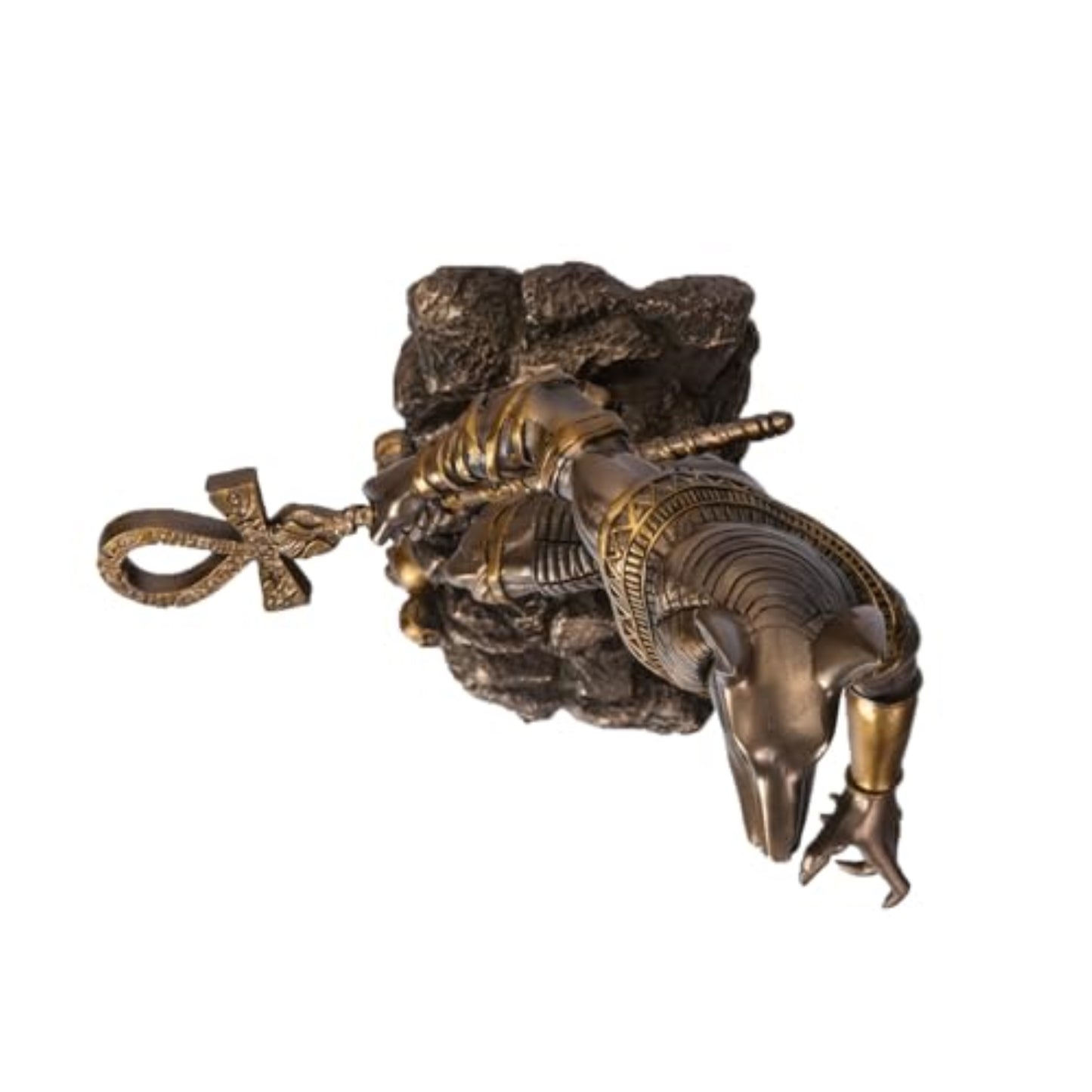 Anubis on Rock Statue Bronze Finish Ancient Egyptian Decor Resin Figurine with Ankh Staff 9.5 inch