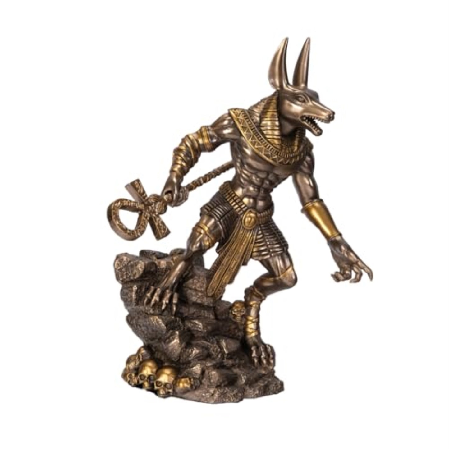 Anubis on Rock Statue Bronze Finish Ancient Egyptian Decor Resin Figurine with Ankh Staff 9.5 inch