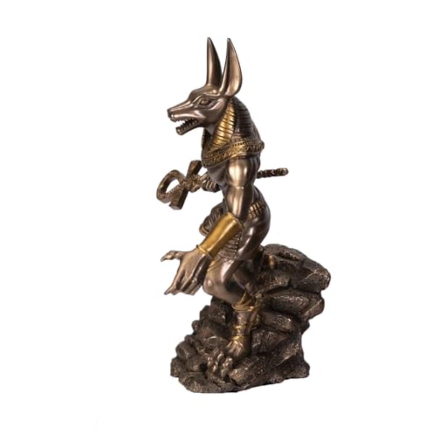 Anubis on Rock Statue Bronze Finish Ancient Egyptian Decor Resin Figurine with Ankh Staff 9.5 inch