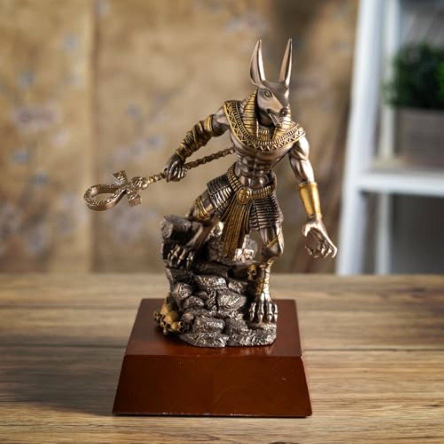 Anubis on Rock Statue Bronze Finish Ancient Egyptian Decor Resin Figurine with Ankh Staff 9.5 inch