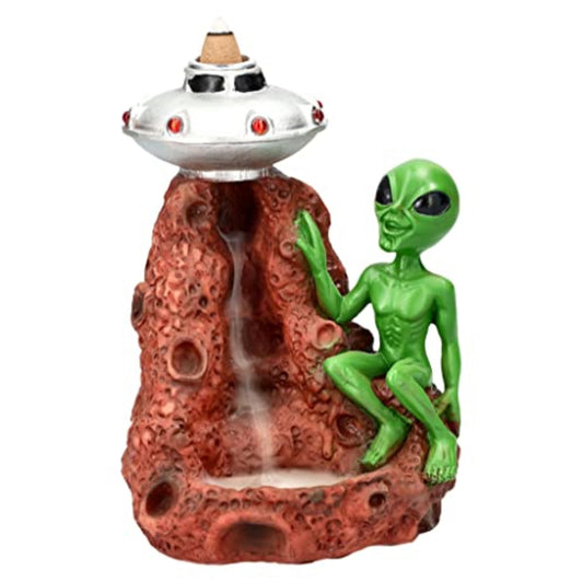 Green Alien with UFO Spaceship Backflow Incense Burner Waterfall Incense Holder 6.2 inch
