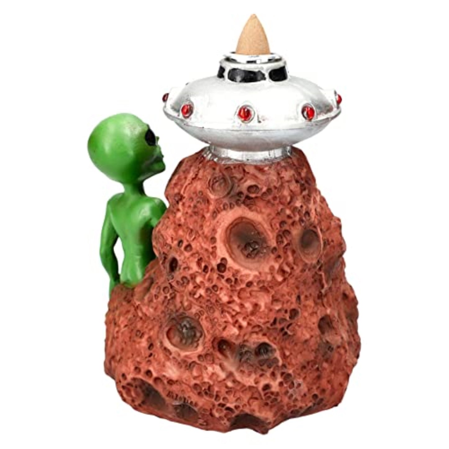 Green Alien with UFO Spaceship Backflow Incense Burner Waterfall Incense Holder 6.2 inch