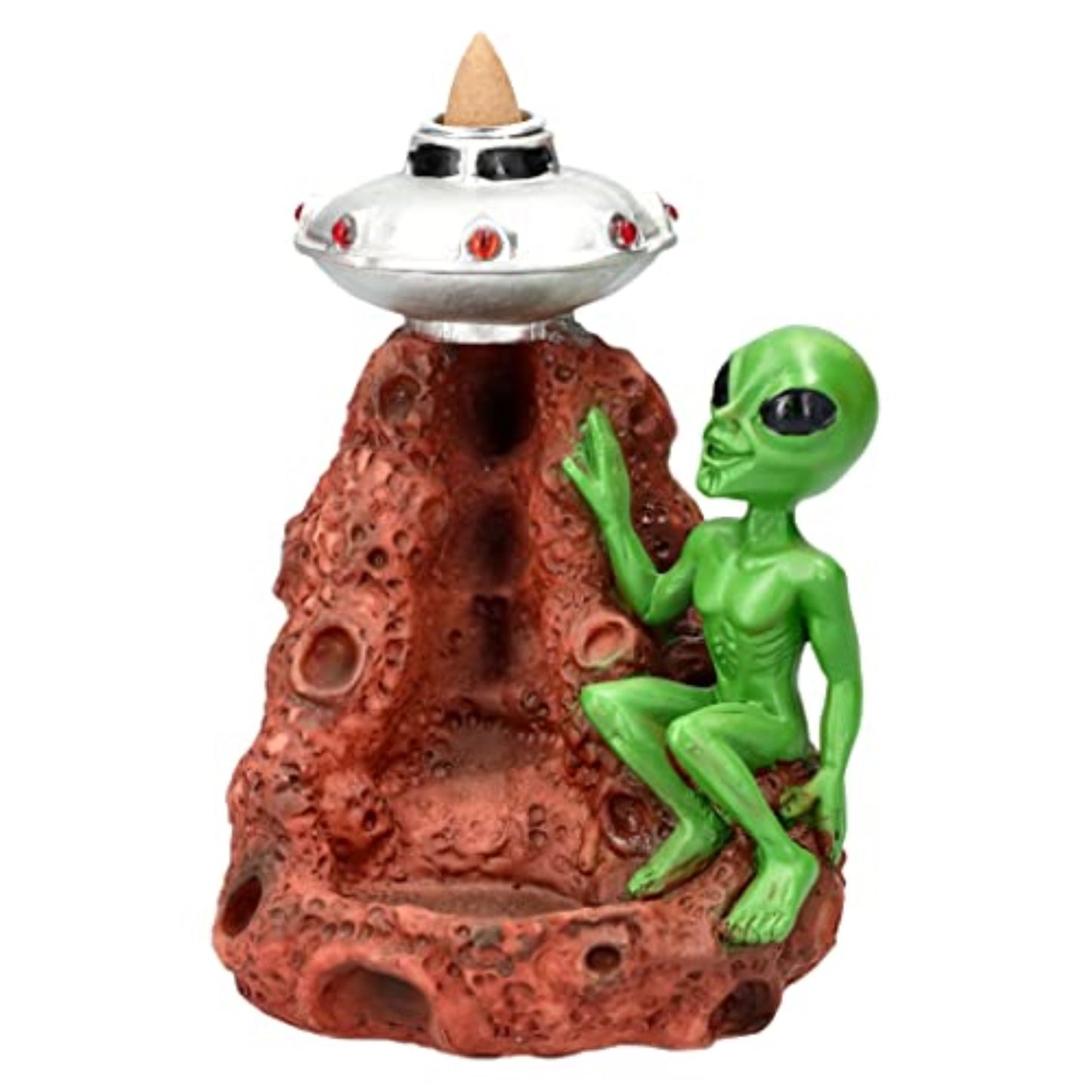 Green Alien with UFO Spaceship Backflow Incense Burner Waterfall Incense Holder 6.2 inch