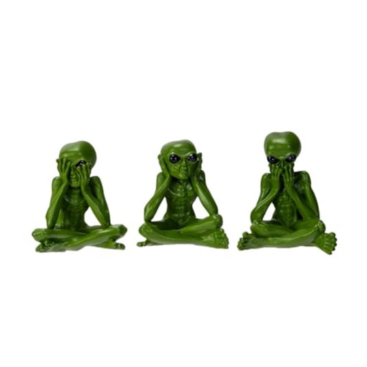 Green Alien Figurines See No Evil Hear No Evil Speak No Evil 3 Piece Extraterrestrial Resin Set Mini 2.95 inch H