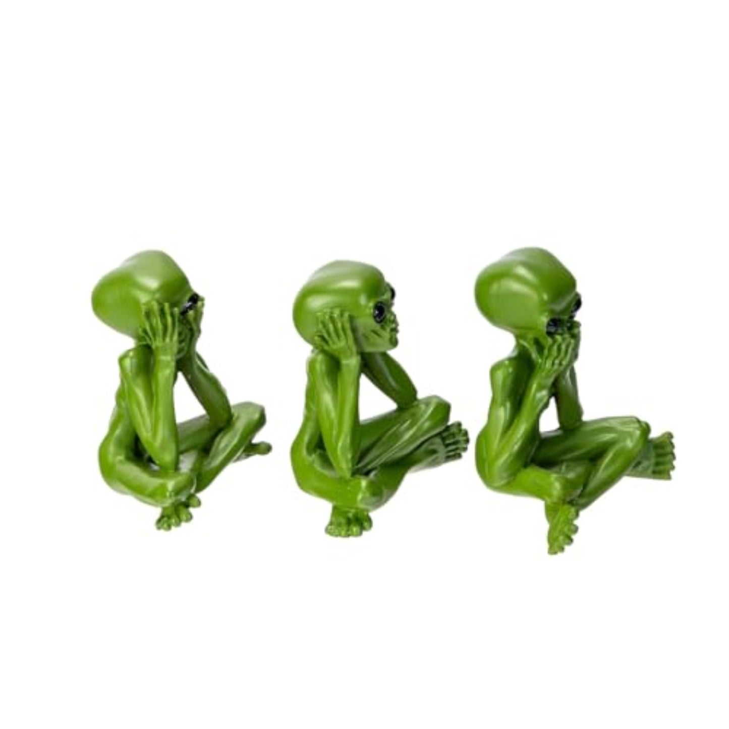 Green Alien Figurines See No Evil Hear No Evil Speak No Evil 3 Piece Extraterrestrial Resin Set Mini 2.95 inch H