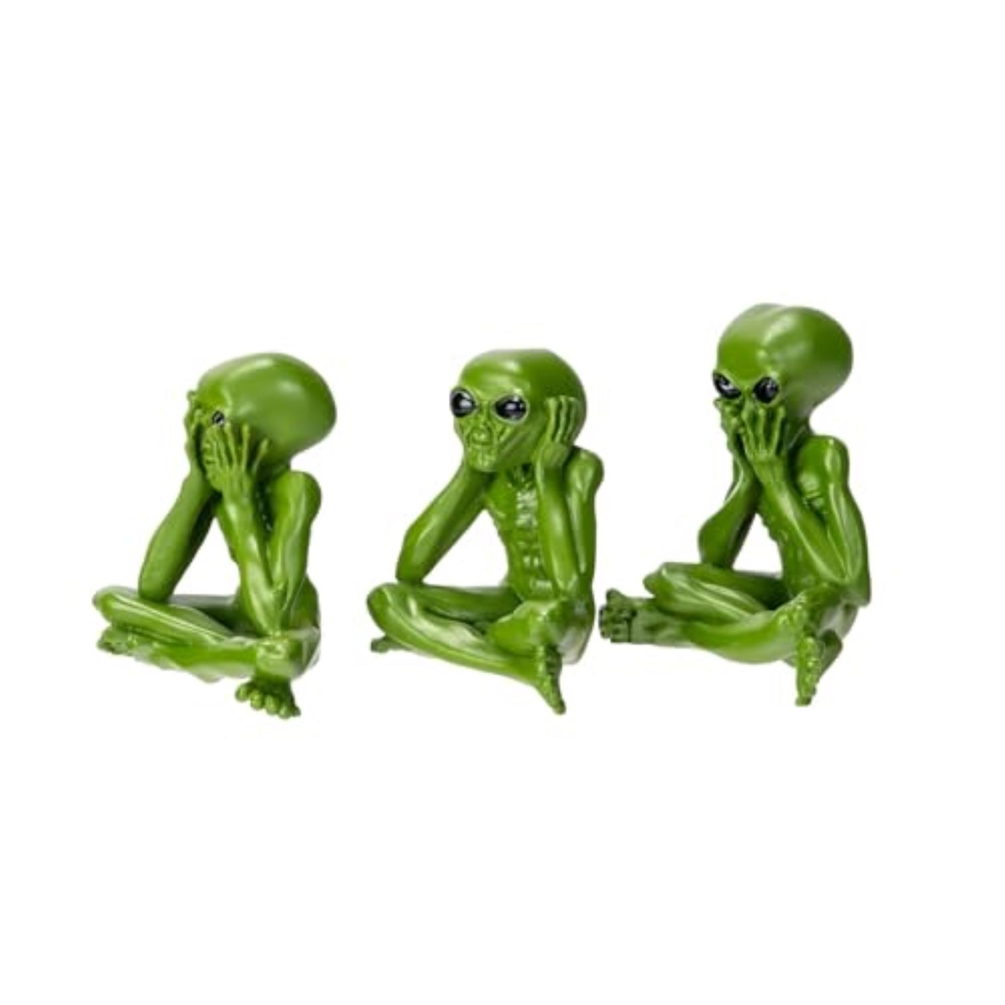 Green Alien Figurines See No Evil Hear No Evil Speak No Evil 3 Piece Extraterrestrial Resin Set Mini 2.95 inch H