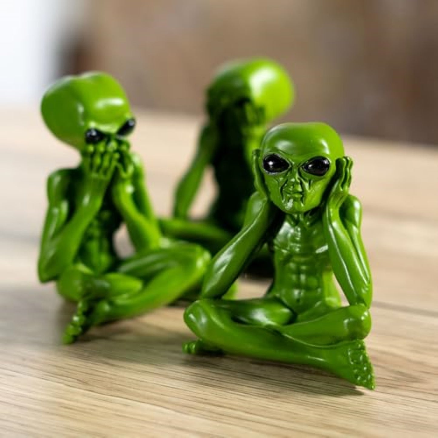 Green Alien Figurines See No Evil Hear No Evil Speak No Evil 3 Piece Extraterrestrial Resin Set Mini 2.95 inch H