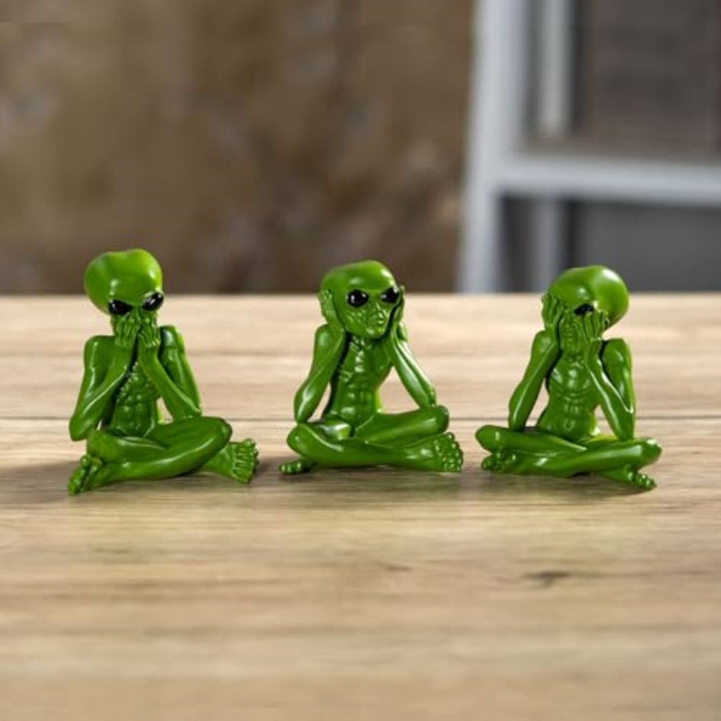 Green Alien Figurines See No Evil Hear No Evil Speak No Evil 3 Piece Extraterrestrial Resin Set Mini 2.95 inch H