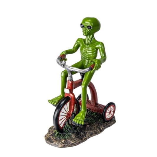 Green Alien Riding Tricycle Figurine Sci Fi Extraterrestrial Alien Go Home Theme 6.7 inch