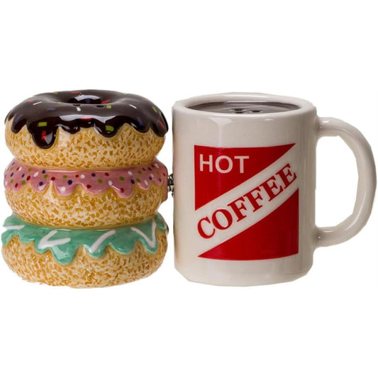Morning Brew Hot Coffee and Donut Shop Ceramic Magnetic Salt and Pepper Shaker Set