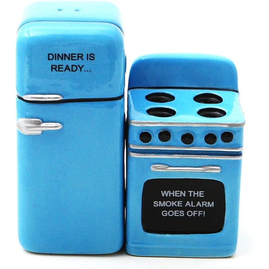 Blue Retro Fridge and Stove Dinner is Ready Magnetic Ceramic Salt and Pepper Shaker Set