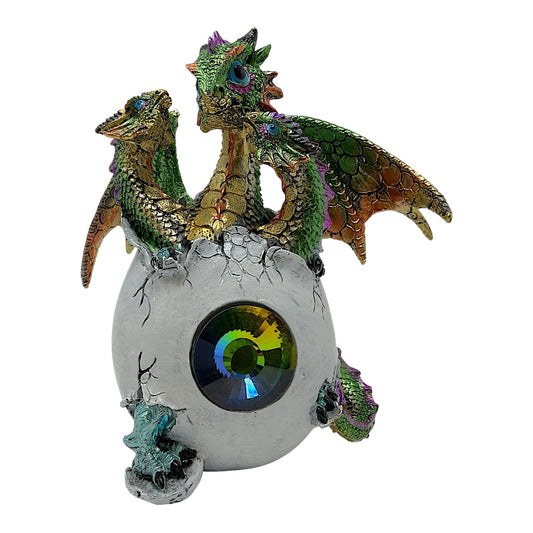 3 Headed Green Dragon Hatching From Egg with Large Gem Figurine Fantasy Decoration 6.25 inches Tall