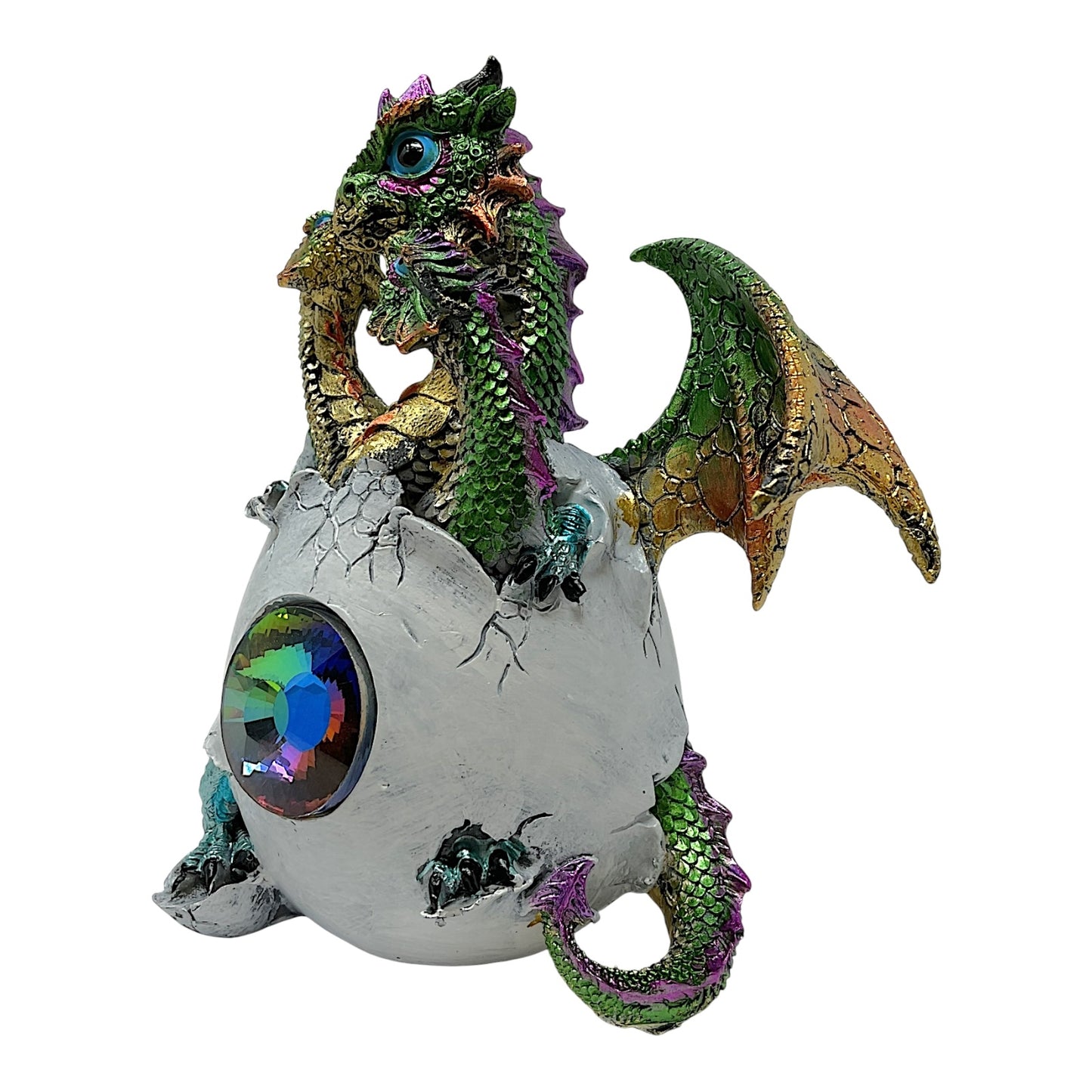 3 Headed Green Dragon Hatching From Egg with Large Gem Figurine Fantasy Decoration 6.25 inches Tall