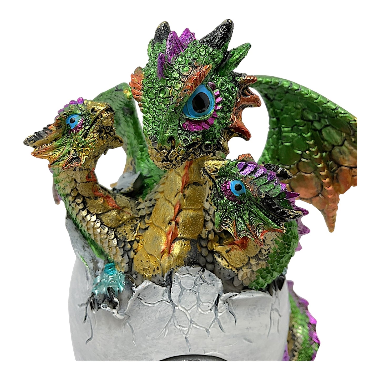 3 Headed Green Dragon Hatching From Egg with Large Gem Figurine Fantasy Decoration 6.25 inches Tall