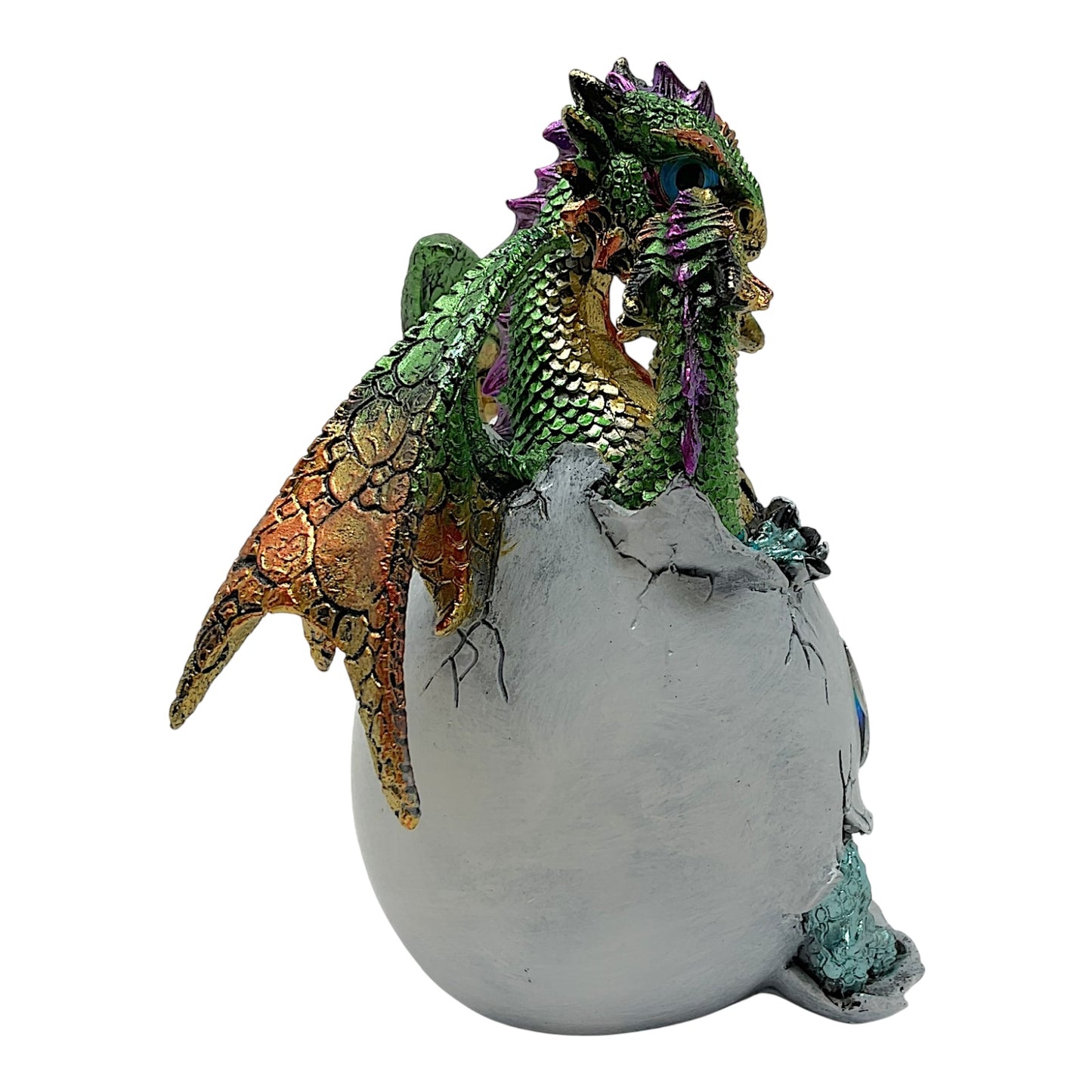 3 Headed Green Dragon Hatching From Egg with Large Gem Figurine Fantasy Decoration 6.25 inches Tall