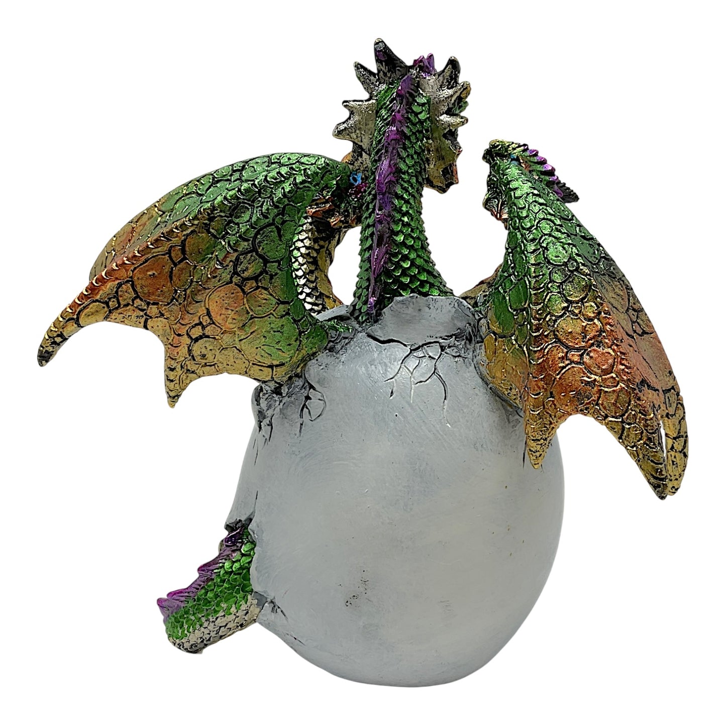 3 Headed Green Dragon Hatching From Egg with Large Gem Figurine Fantasy Decoration 6.25 inches Tall