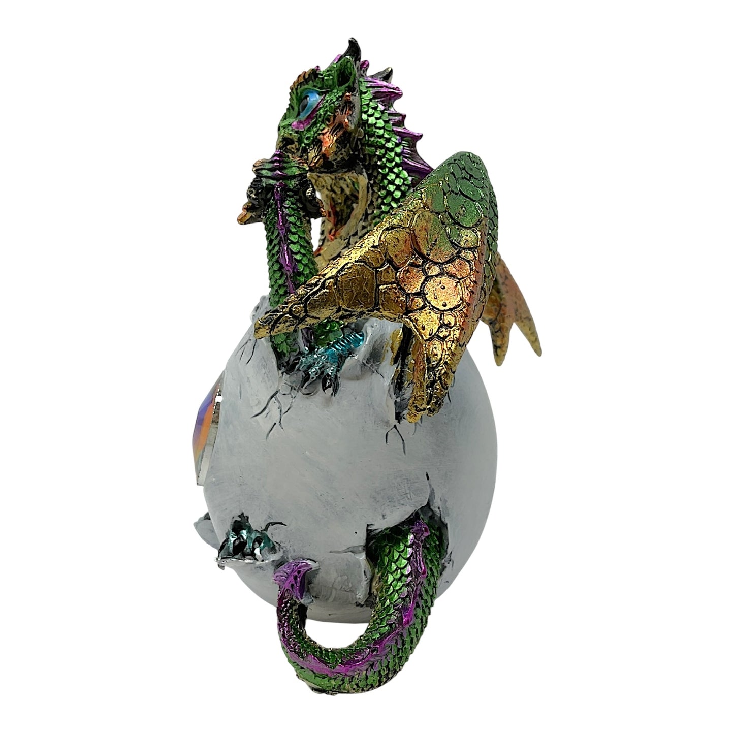 3 Headed Green Dragon Hatching From Egg with Large Gem Figurine Fantasy Decoration 6.25 inches Tall