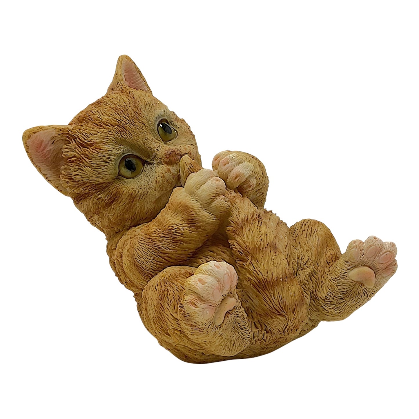 Yellow Tabby Cat Kitten Laying on its Back Playing with It's Tail Figurine 6.25 inches long