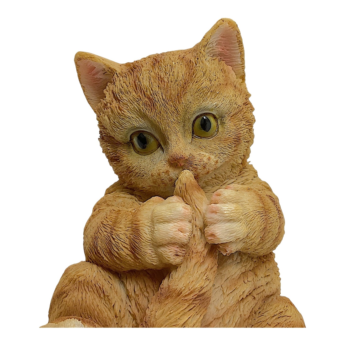 Yellow Tabby Cat Kitten Laying on its Back Playing with It's Tail Figurine 6.25 inches long
