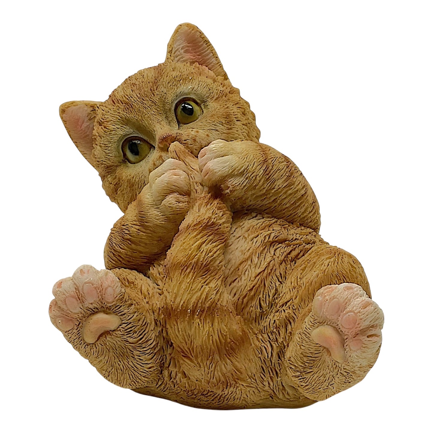 Yellow Tabby Cat Kitten Laying on its Back Playing with It's Tail Figurine 6.25 inches long
