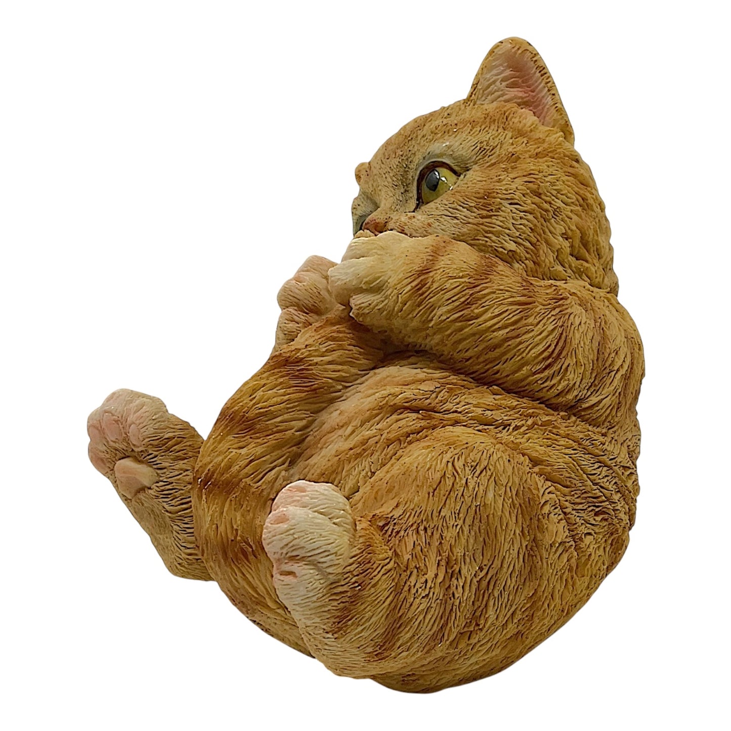 Yellow Tabby Cat Kitten Laying on its Back Playing with It's Tail Figurine 6.25 inches long