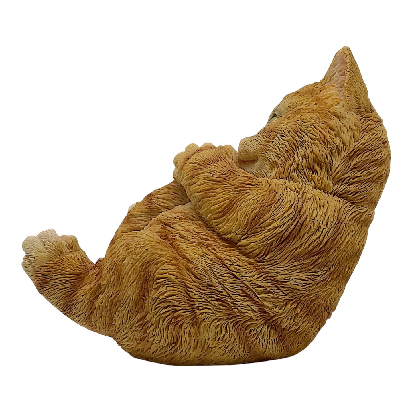 Yellow Tabby Cat Kitten Laying on its Back Playing with It's Tail Figurine 6.25 inches long