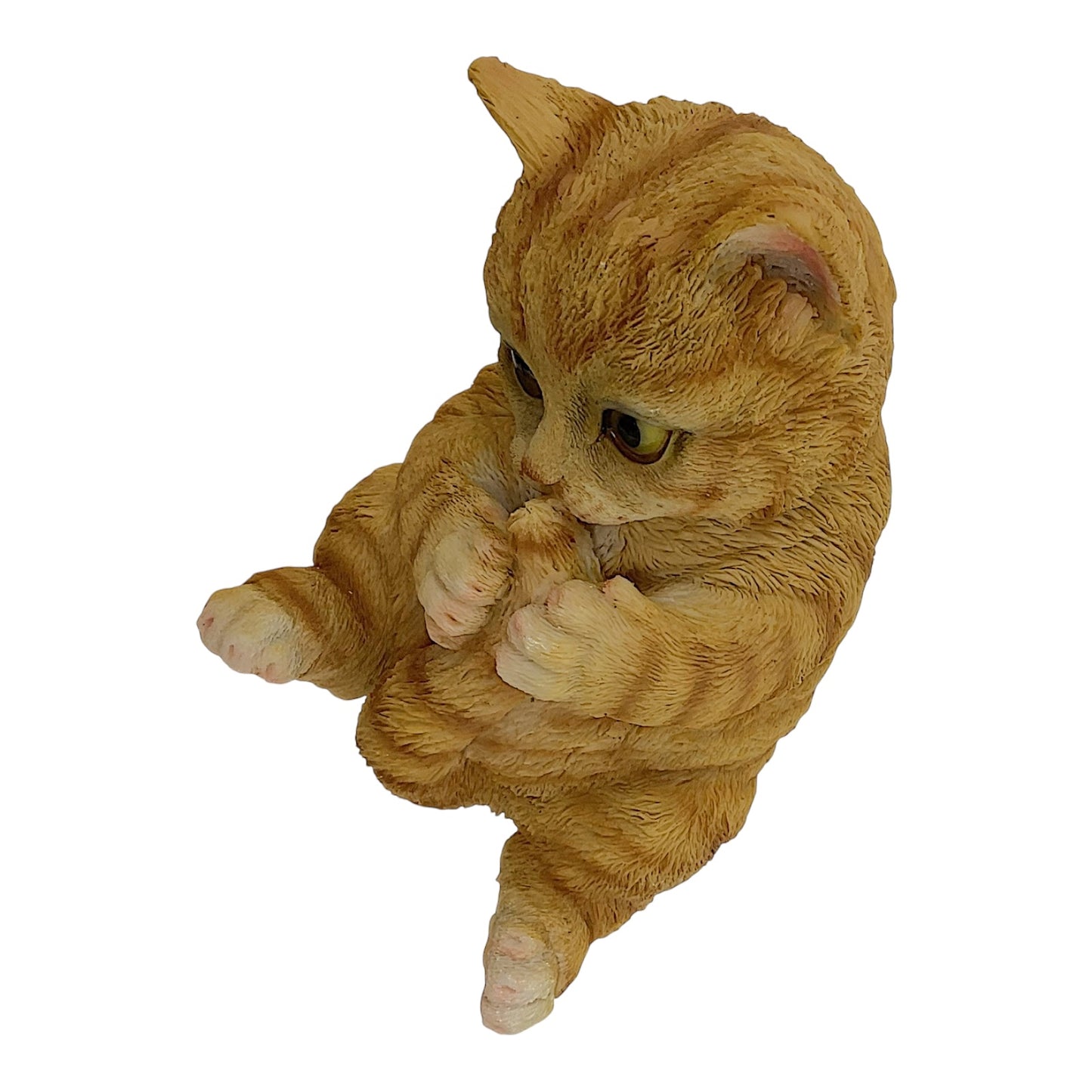 Yellow Tabby Cat Kitten Laying on its Back Playing with It's Tail Figurine 6.25 inches long