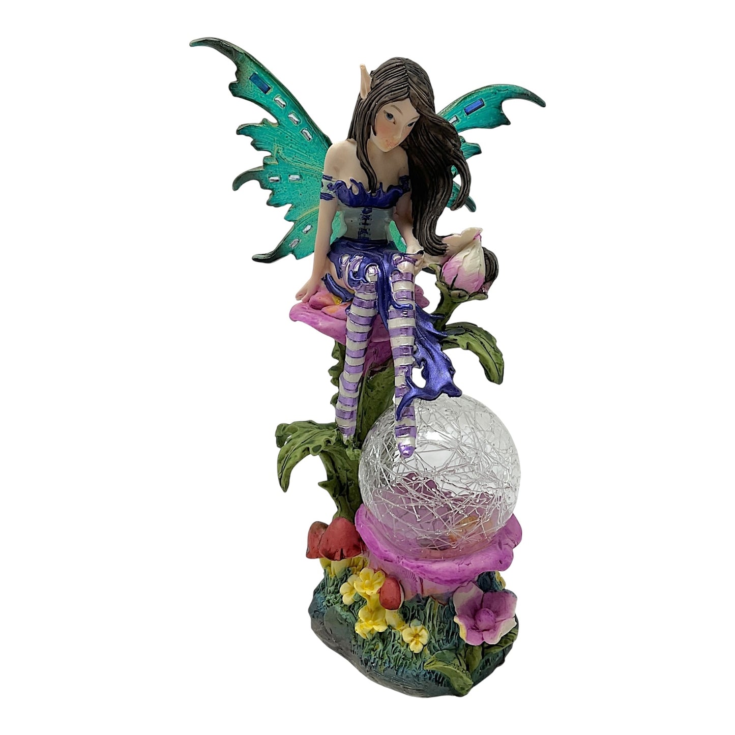 Fairy Sitting on Flower with LED Light Up Color Changing Crystal Ball Figurine 7.5 Inch Pixie