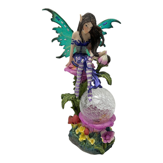 Fairy Sitting on Flower with LED Light Up Color Changing Crystal Ball Figurine 7.5 Inch Pixie