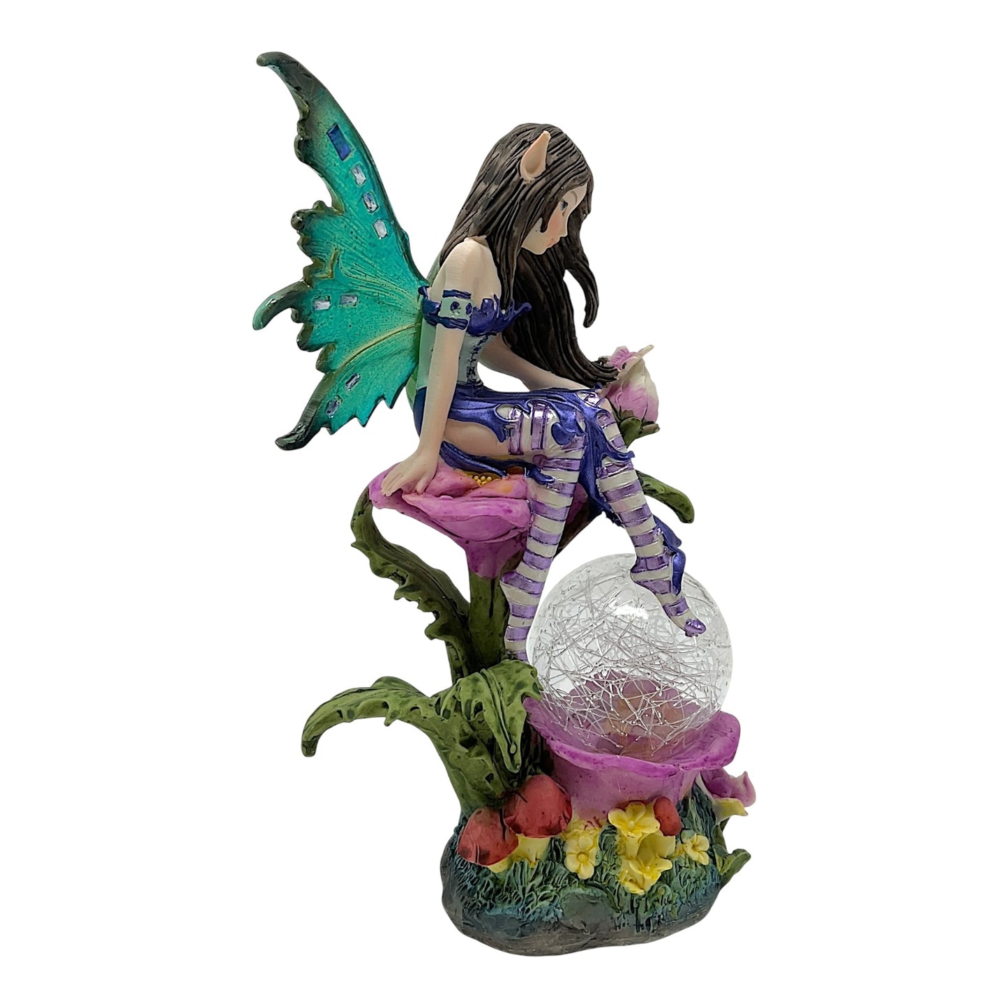 Fairy Sitting on Flower with LED Light Up Color Changing Crystal Ball Figurine 7.5 Inch Pixie