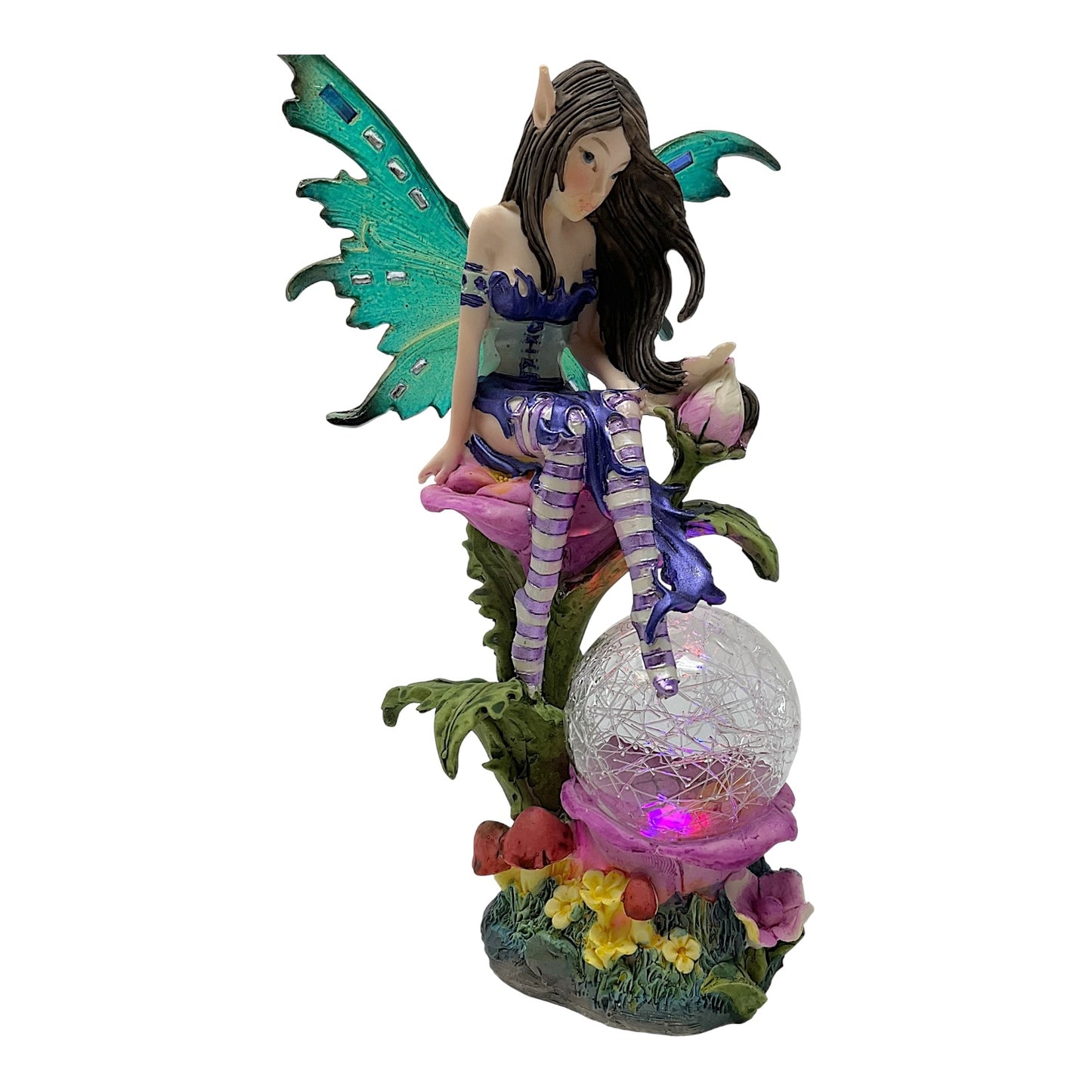 Fairy Sitting on Flower with LED Light Up Color Changing Crystal Ball Figurine 7.5 Inch Pixie