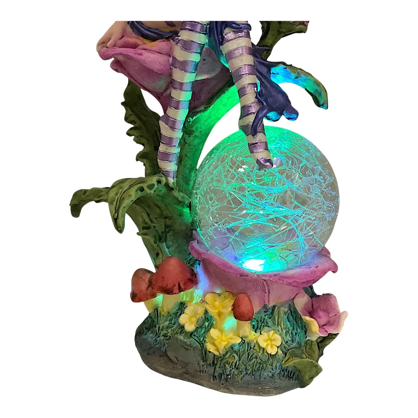 Fairy Sitting on Flower with LED Light Up Color Changing Crystal Ball Figurine 7.5 Inch Pixie