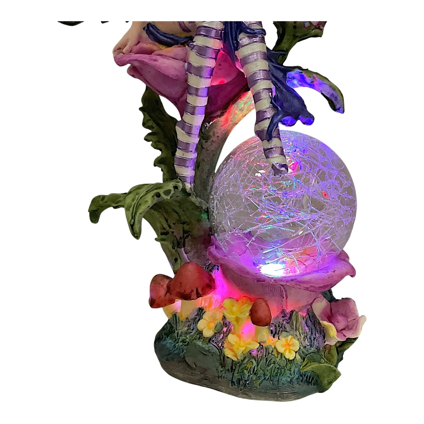 Fairy Sitting on Flower with LED Light Up Color Changing Crystal Ball Figurine 7.5 Inch Pixie